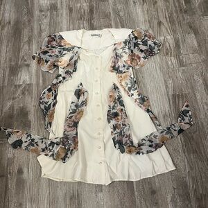 Vintage DBY dress with floral flowy sleeves, shoulder pads, and floral waist tie